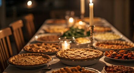 Fototapeta premium Long shot of a festive dinner table with various dishes and candles in a warm, cozy atmosphere.