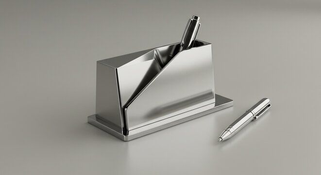 Soporte elegante para bol�grafos metalico brilla suavemente luz difusa. AI Generated