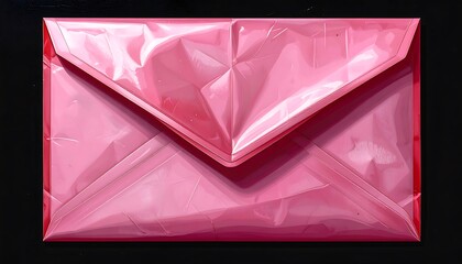 A vibrant, glossy pink envelope, featuring intricate folds and reflections, sits against a stark black backdrop.