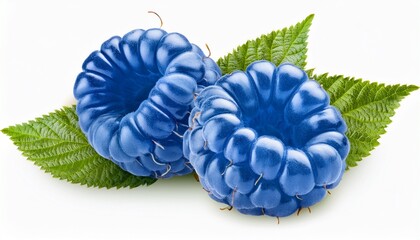 Obraz premium Two Juicy Blue Raspberries With Leaf Isolated On A Transparent Background