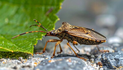 Close-up of a captivating insect on a leaf and stone