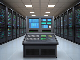 Modern server room data center with rows of racks and central led console control panel.