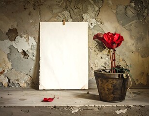 A muted, vintage-toned image showcases a blank sheet of paper against a weathered wall, with a vibrant red flower in a rustic pot placed beside it on a weathered surface.