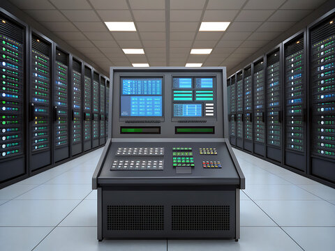 Modern server room data center with rows of racks and central led console control panel.