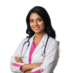 Smiling indian female medical professional wearing a white lab coat and stethoscope with arms crossed isolated on transparent background