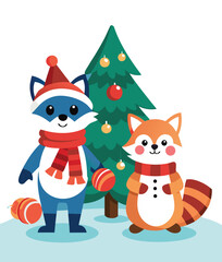 Cute raccoon and fox celebrate christmas together