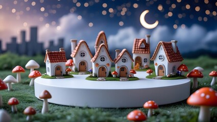 Obraz premium Miniature fairy houses nestled in a whimsical mushroom meadow at night