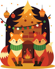 Two cute foxes wearing scarves sit by a fireplace with a christmas tree