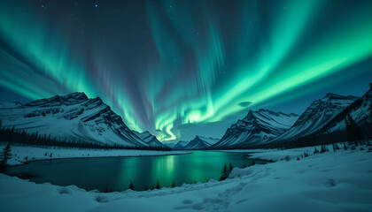 Breathtaking aurora borealis illuminating the night sky above a serene lake and snowcapped mountain range