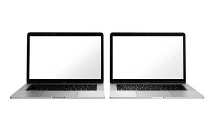 Two identical silver laptops with blank screens
