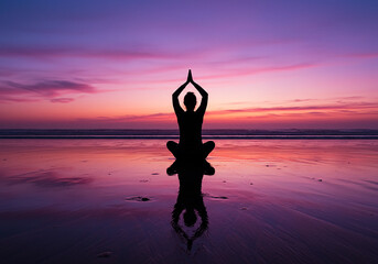 Find your inner peace with yoga on the beach during a stunning sunset, a vibrant silhouette against a colorful sky