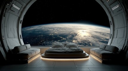 Futuristic luxury hotel bedroom in spaceship with panoramic window view of Earth from orbit