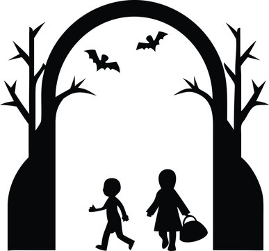 black silhouettes of kids walking halloween scene clip art preview