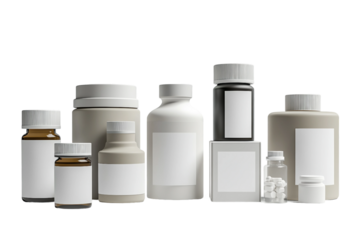 Variety of healthcare medicines with blank label isolated on transparent background