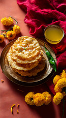 Dussehra Fafda and Jalebi with Chili and Marigold on Brass Plate — Warm Food Banner with Copy Space