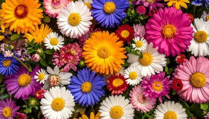 A vibrant close-up showcases a plethora of colorful flowers with yellow centers, from multiple angles. Green leaves provide the background