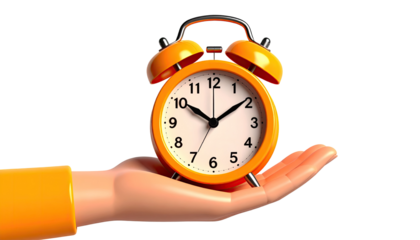 A hand holds a small, orange alarm clock