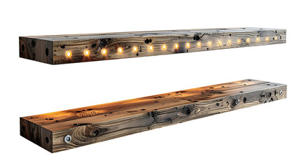 Two rustic wooden shelves with embedded lights