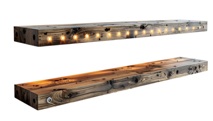 Two rustic wooden shelves with embedded lights