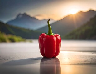 A vibrant red bell pepper sits on a surface, bathed in the warm glow of a tranquil sunset, showcasing a tranquil natural setting.