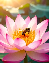 A honeybee rests on a delicate pink lotus flower, bathed in soft sunlight.