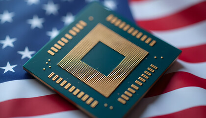 A close-up of a computer processor on top of the American flag.