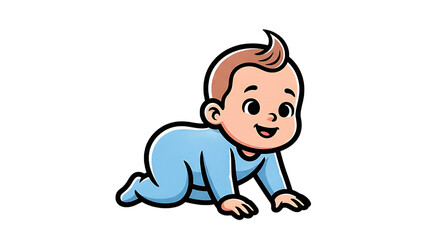 Obraz premium Adorable Cartoon Baby Boy Crawling on Hands and Knees in a Blue Onesie, Isolated on White Background