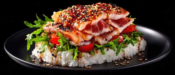 A culinary creation presents rice topped with salmon, tuna, tomatoes, greens, and sesame seeds on a black plate against black background.