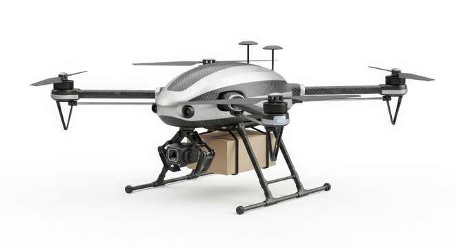 Modern quadcopter drone with advanced camera gimbal and payload attachment for aerial photography and surveillance applications isolated on white background