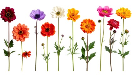 Row of colorful flowers in various shades