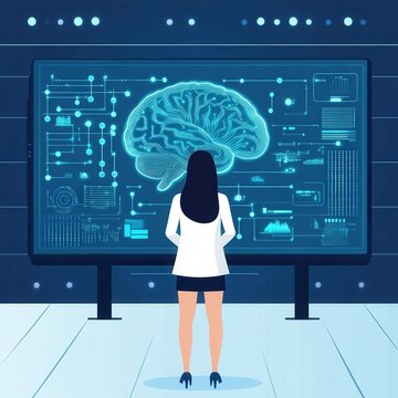 Female Researcher Analyzing Data on Digital Brain Interface Display