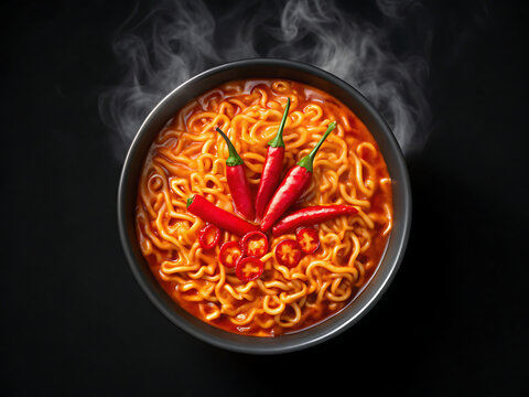 Fiery spicy buldak ramen noodle dish with red chilies and steam overhead shot