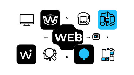 Web technologies and applications interconnected, showcasing diverse online tools and platforms.