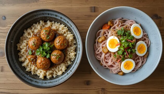 Two Bowls of Asian Cuisine: Meatball Rice and Pink Noodles with Eggs .2 meatball
