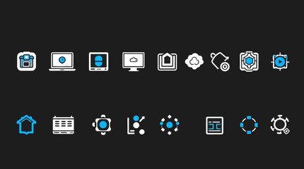 A collection of minimalist, modern digital icons depicting technology, networking, and home concepts.