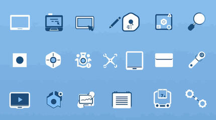 A collection of various white icons, representing technology and design elements.