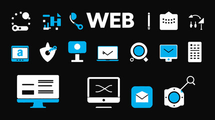 A collection of various web-related icons displayed in white and blue on a black background.