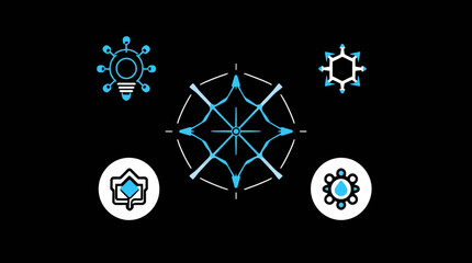 Abstract illustration featuring interconnected geometric shapes and lines in white and blue against a black background.