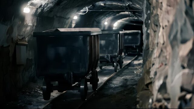 Metal Mine Carts on Rails in Dark Tunnel illuminated by Lights in Underground Location