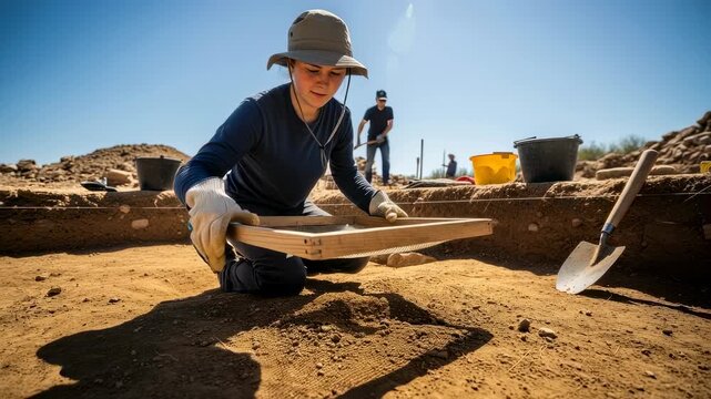 Woman archaeologist sifting ancient earth for artifacts with shovel and bucket, outdoor cultural heritage site footage