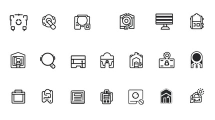 Collection of simple, black line icons representing various business and technology concepts.