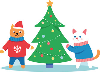 Cute cats decorating a christmas tree in the snow