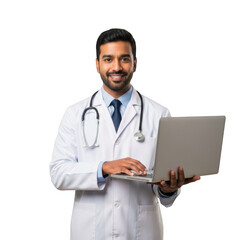 Smiling male doctor wearing a white lab coat and stethoscope holds a laptop computer while looking at the camera isolated on transparent background