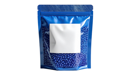 Blue pouch with white label, filled with small spheres