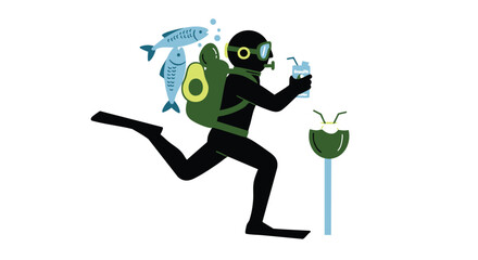 Running diver with avocado and fish on back, holding a drink, in a surreal and humorous depiction
