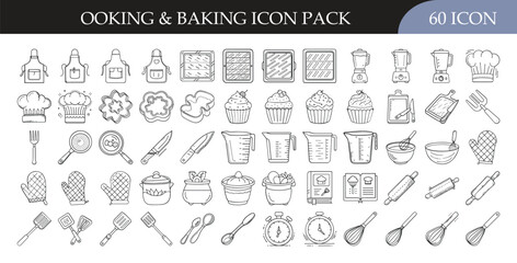 Cooking and baking icon set collection - Pack of 60 outline icons featuring utensils, chef hats, pans, bowls, ingredients, and kitchen tools for cooking, baking, and culinary projects.
