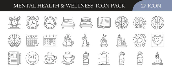 Mental health and wellness icon set collection - Pack of 27 outline icons featuring brains, meditation, self-care, books, sleep, and relaxation symbols for psychology, therapy, and wellness projects.
