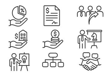 Private Equity Icons. Line style icons of private equity: equity stake icon, term sheet document, management buyout, private