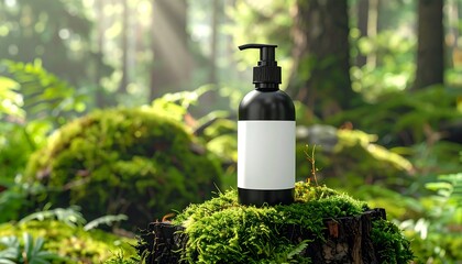 A black pump bottle with a blank label rests on a mossy forest stump, bathed in natural light.