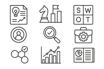 Private Equity Icons. Line style icons of private equity: investment thesis, competitive landscape, SWOT analysis, target market